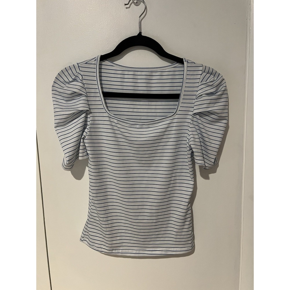 Shein Top Women's Size S White Blue Striped Puff Short Sleeve Polyester Blend